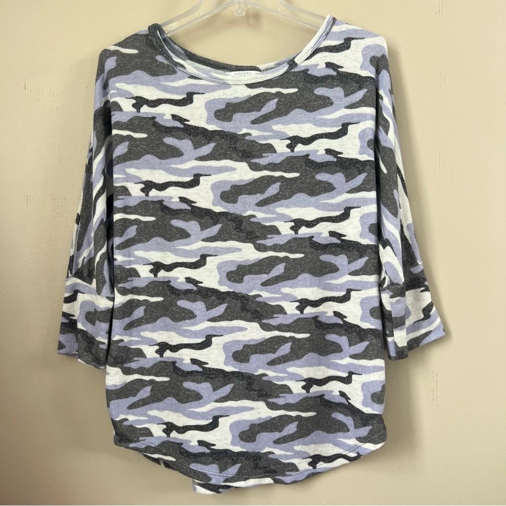 Market & Spruce Gray Lavender Camouflage 3/4 Sleeve Top Blouse SZ M